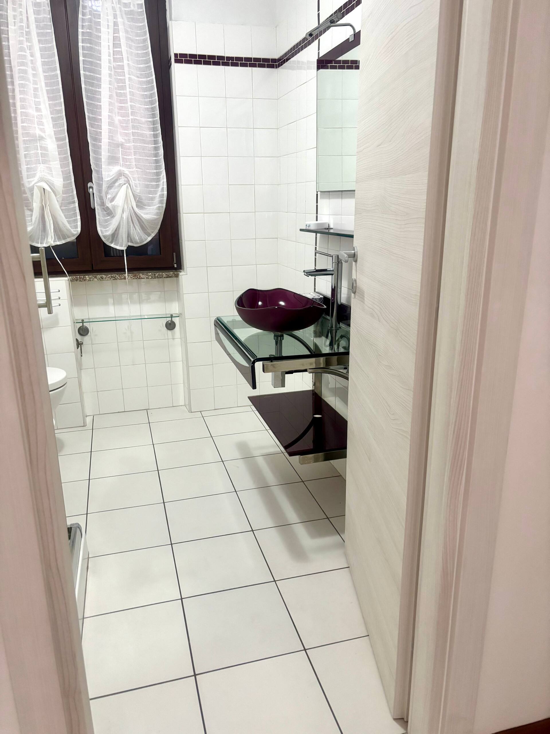 Bagno moderno con box doccia spazioso, sanitari e specchio
